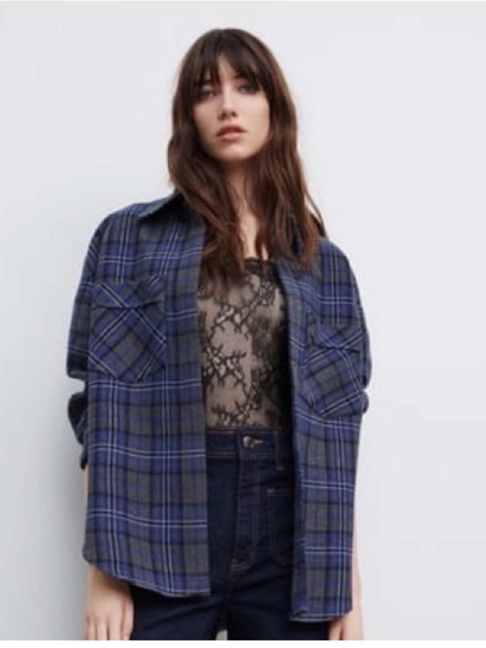 Zara XS Blue Plaid Button-Up Shacket